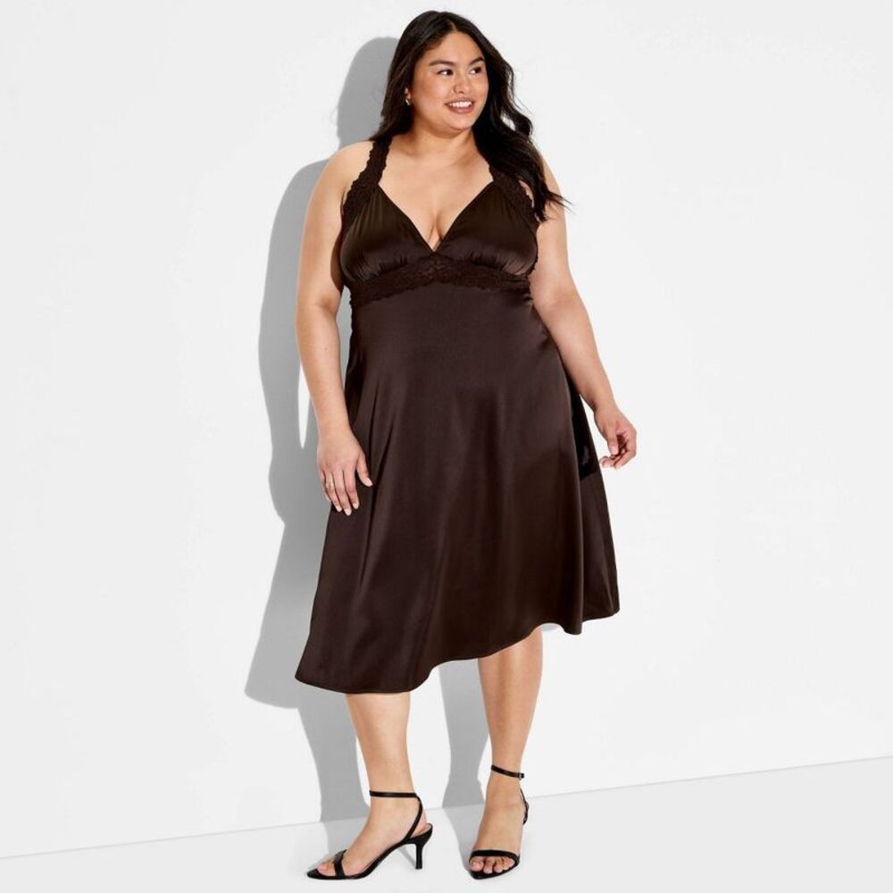 Women's Satin Lingerie Low Back Midi Dress - Wild Fable Brown 2X